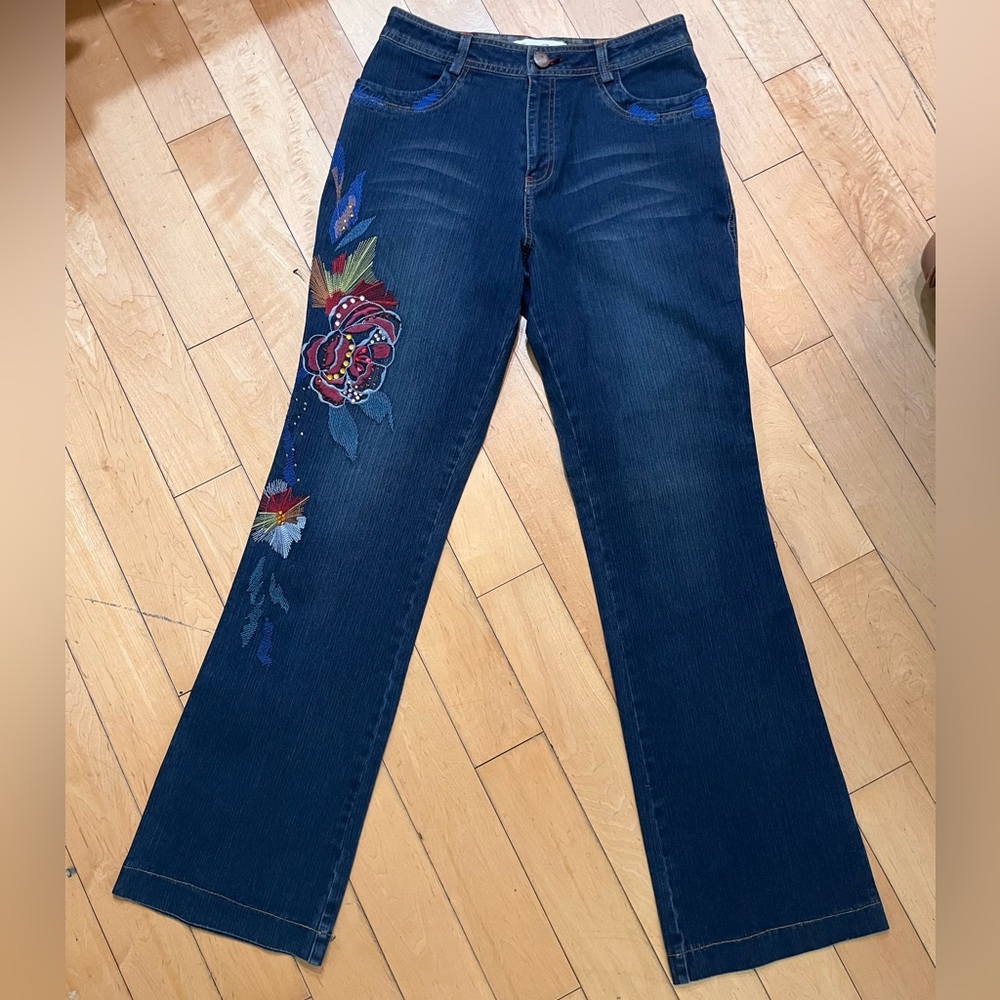 Gianna Pezziga Floral Embroidered Denim Jeans Size 42 VINTAGE Y2K DESIGNER